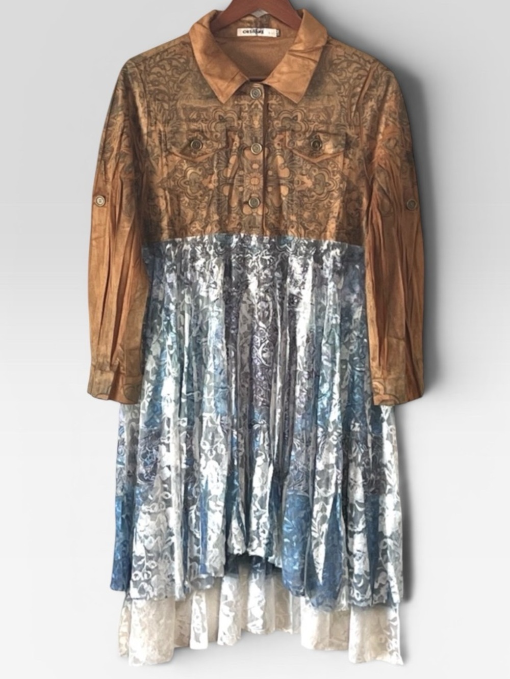 Origami Mixed-Media Boho Duster with Printed Bodice & Blue, Purple & White Lace
